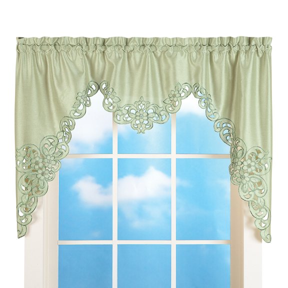 Collections Etc Elegant Scalloped Design Cut-Out and Embroidered Scroll Window Valance with Rod Pocket Top for Easy Hanging, Sage Green, 58" X 36"