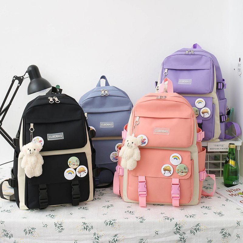 Yosicl 4 Pcs Set Women Backpack Harajuku Laptop Canvas School Bags For Teenage Girls Kawaii College Student Kids Book Bag Rucksack Sac A Dos Scolaire