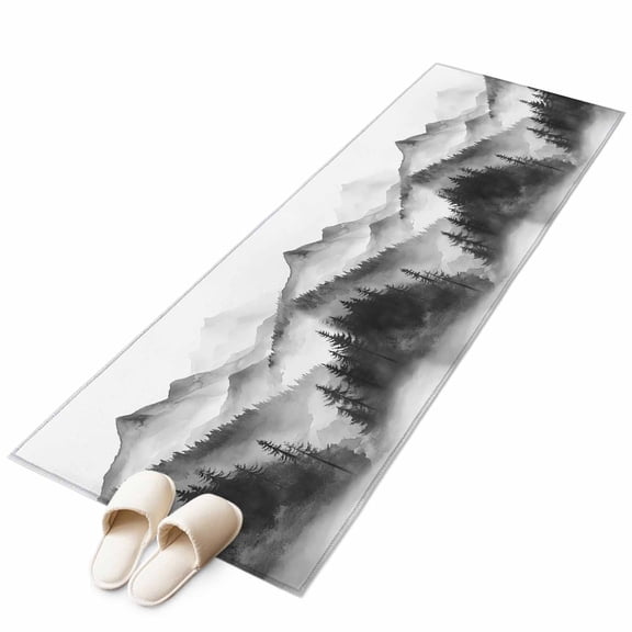 Retro Trees Plants AreaRug 2x6ft Gary Mountains Forests Non-SlipWashable SquareRugs Soft Felt Indoor Floor Mat for Bedroom Kitchen Living Room Bathroom