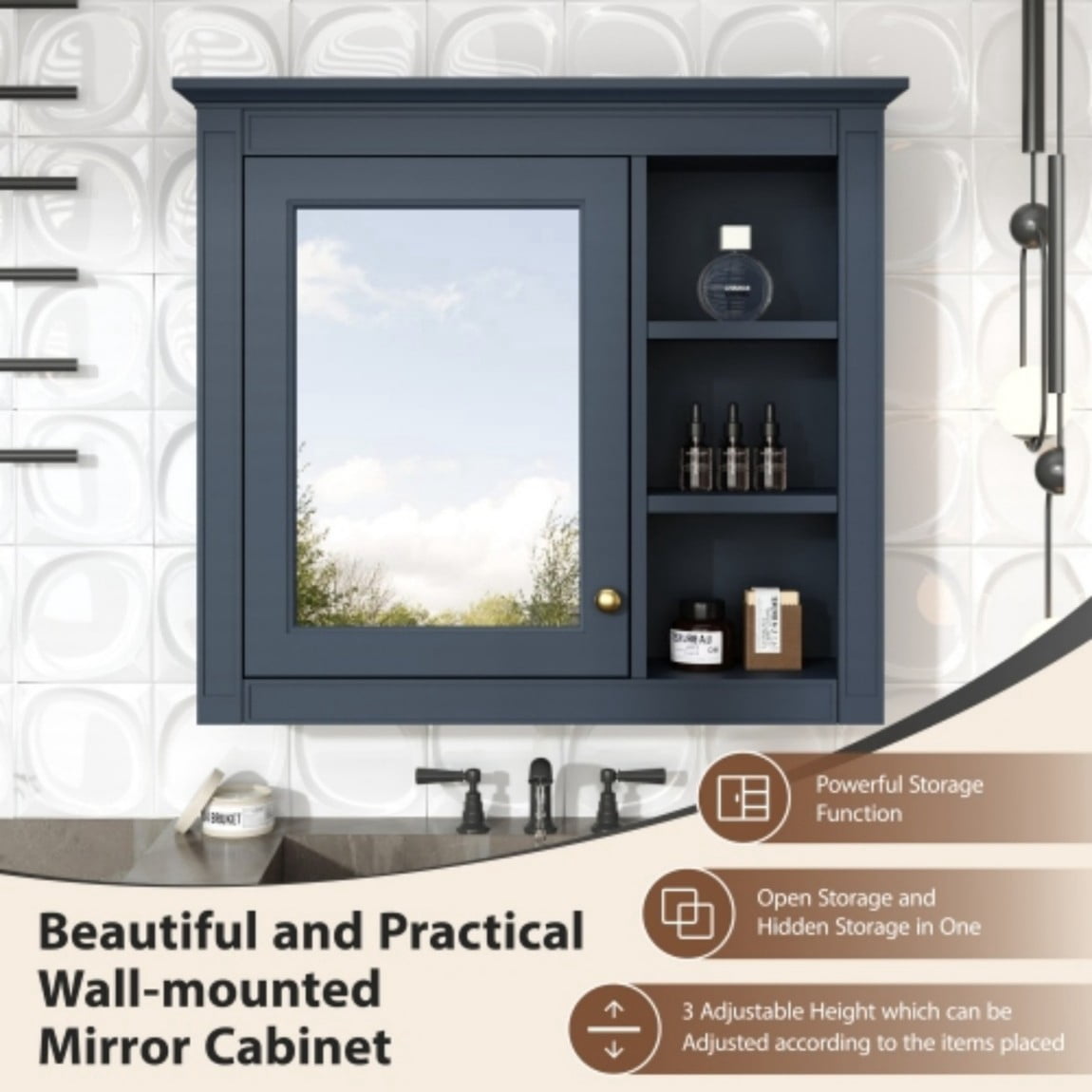 30"x 28" Wall Mounted Bathroom Medicine Cabinet with Mirror, Bathroom Storage Cabinet with Adjustable Shelf & 3 Open Shelves, Modern MDF Mirror Cabinet, Navy Blue