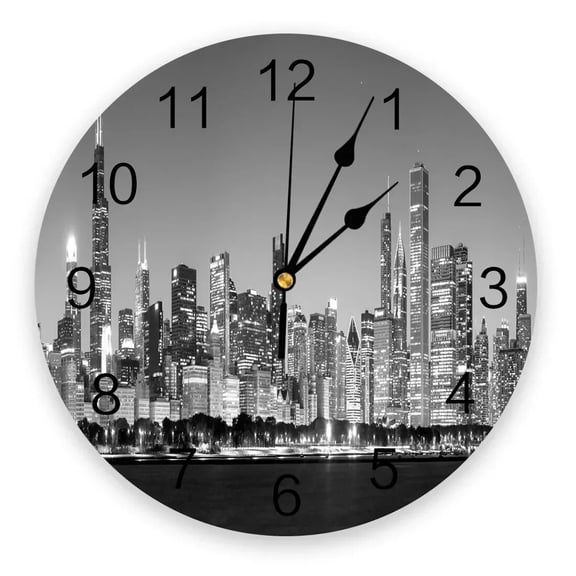 Night Panorama City Chicago Wall Clocks Home Decoration Silent Round Wall Watches for Home Living Room Kitchen Wall Decor(10 Inch)