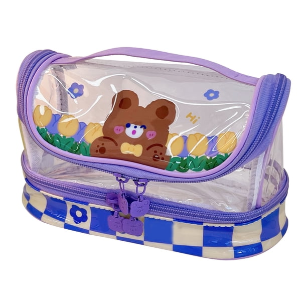 Estuche para lápices Estilo de dibujos animados Cremallera de plástico de gran capacidad Estuche para lápices grande portátil de PVC transparente para estudiantes Escuela Oficina Oso de flores