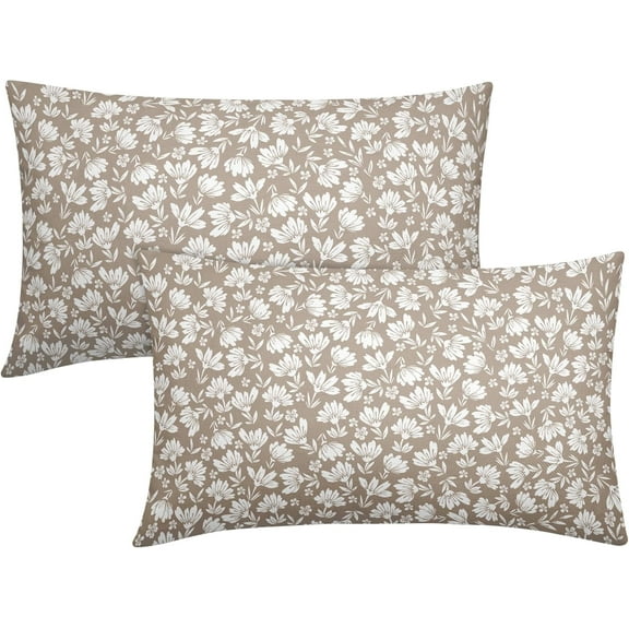 Tan Khaki Beige Daisy Floral Lumbar Pillow Covers 12X20 Inch Vintage Flowers Pillow Cases Set of 2 Block Print Cotton Linen Throw Pillows Farmhouse Decor For Sofa Couch Porch Bed Cushion Outdoor