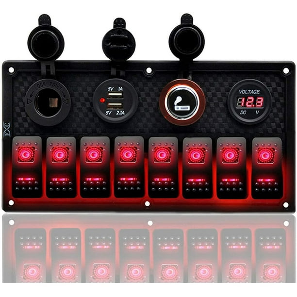 - Panel de interruptor basculante de 8 interruptores - LED de 12 V/24 V - Pantalla de voltaje digital - Puerto USB dual - Cargador impermeable para RV, barco, automóvil - Rojo Kuyhfg Sin marca