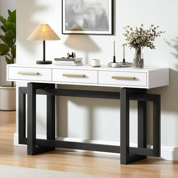 GZXS Modern Entryway Console Table with 3 Drawers, 57'' Wooden Sofa Table for Living Room, Hallway, Corridor, or Foyer (White Gray)