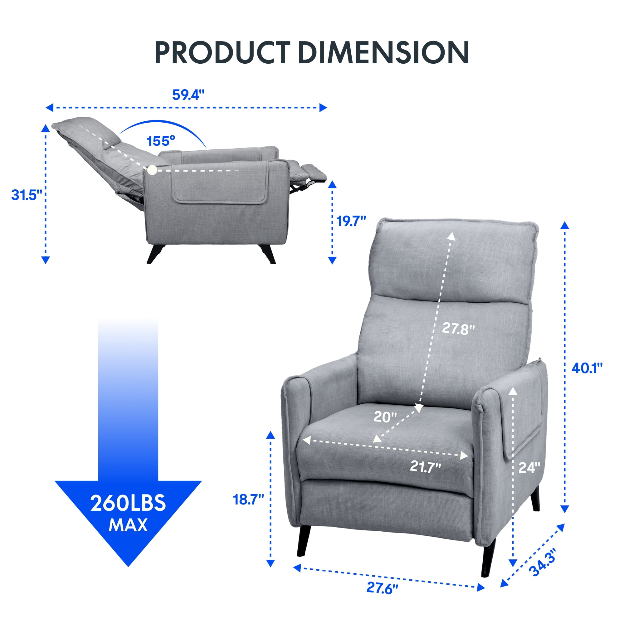 FlexiSpot Massage Push Back Recliner Chair for Living Room, Single Reclining Sofa Chair,Width 22",Small Recliners for Small Spaces,Comfortable flannel fabric with a lustrous feel,Gray