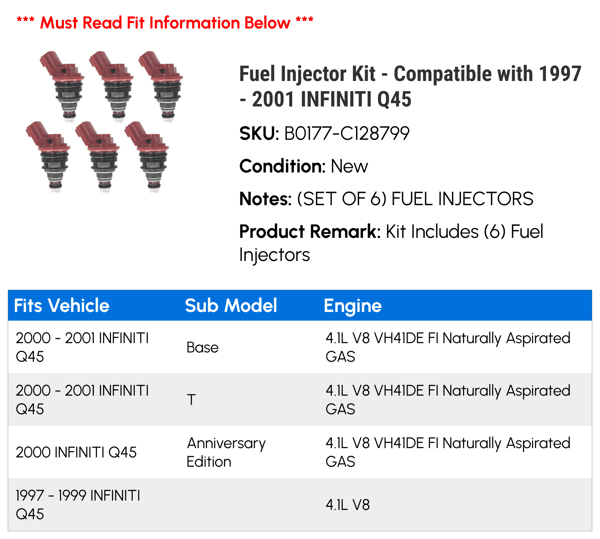 Fuel Injector Kit - Compatible with 1997 - 2001 INFINITI Q45 1998 1999 2000