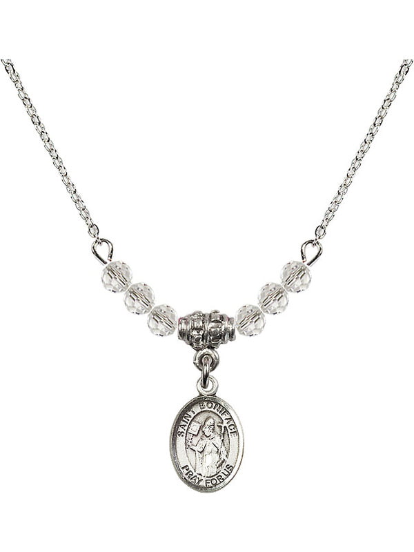 18 Inch Rhodium Plated Necklace w/ 6mm White April Birth Month Stone Beads and Saint Boniface Charm