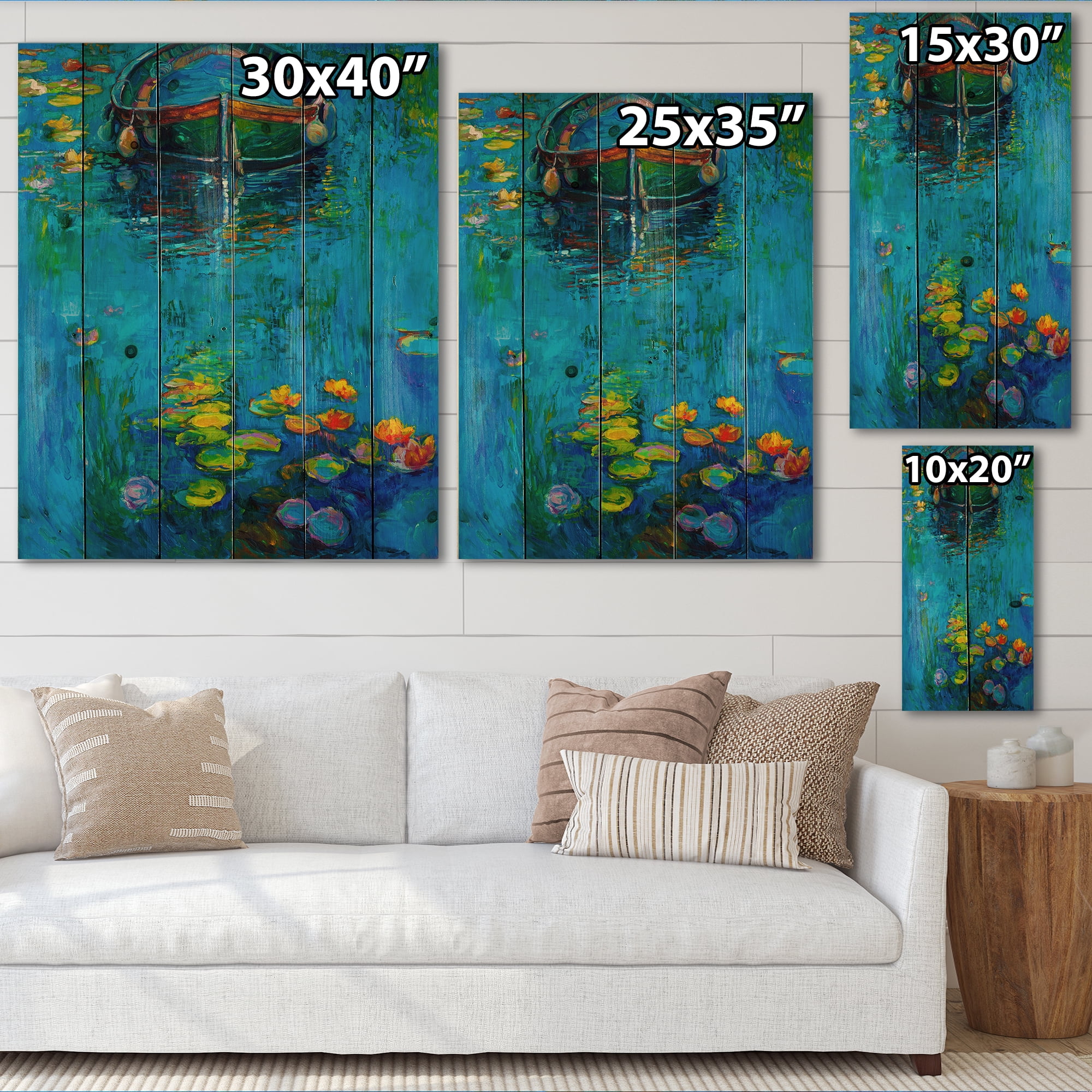 Designart 'Boat In Blue Lake' Nautical & Coastal Print on Natural Pine Wood