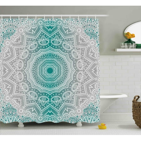 Shower Curtain Teal Grey Grey and Teal Shower Curtain, Mandala Ombre Sacred Geometry Occult Pattern with Flower Lines Display Artwork, Fabric Bathroom Set with Hooks, 69W X 70L Inches, Teal Grey, by Ambesonne ()