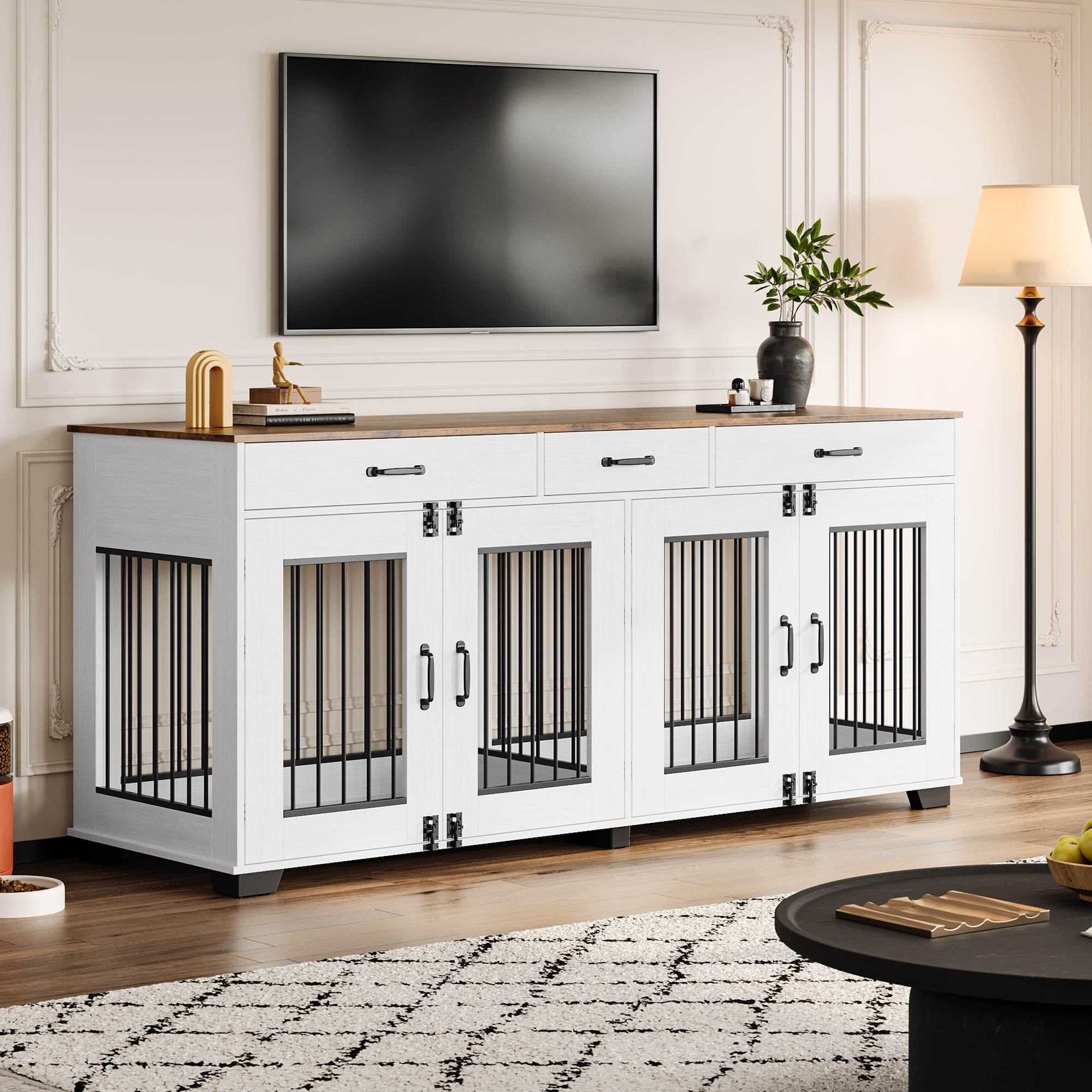 71-Inch Large Dog Crate with 3 Drawers for 2 Dogs, Spacious Wooden Indoor Kennel with Divider, Large Breed Dog Crate and TV Stand, Perfect for Medium Large Dogs