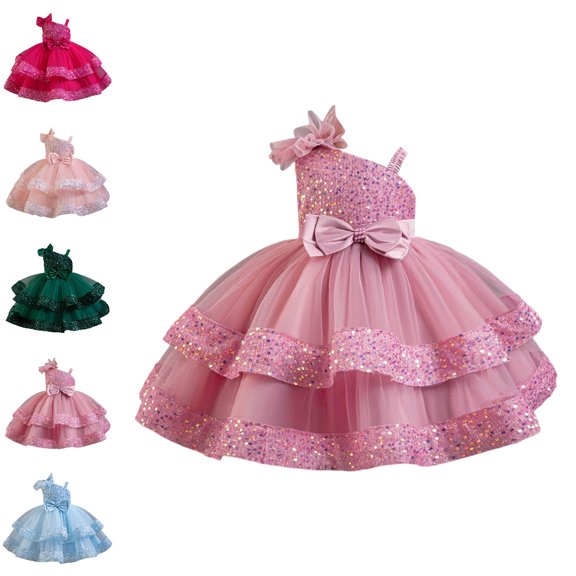 Bmisegm Girls' Dresses One Shoulder Asymmetric Strap Bow Embellished Bodice Layered Tutu Skirt Cake Style Birthday Party Dress for Girls 5-6 Years