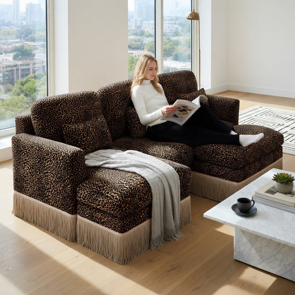 Hommoo Comfy Chenille Leopard Print Loveseat Sofa with Movable Ottomans, Tassel Trim & Ergonomic Deep Seat, Modern 2-Seat Modular Living Room Couch, Brown