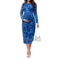 thumbnail image 2 of Vestido de maternidad de mujer INSPIRE CHIC con flores, malla, fruncido en el costado, ajustado, de manga larga, para embarazo, invitada de boda, color azul, 2 of 5