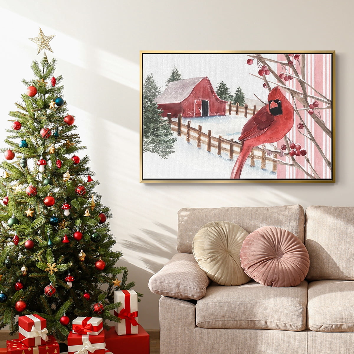 Winter Cardinal Collection A - Framed Gallery Wrapped Holiday Canvas - 17 x 25 - Gold Frame