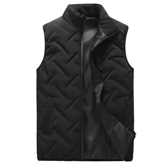 WTOBBY Men's Casual Solid-Color Embossed Down Cotton Vest, Loose Stand-Up Collar Thickened Coat for Winter, Lightweight and Warm for Outdoor and Casual Use,Black L