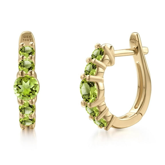 Gem Stone King 10K Yellow Gold Green Peridot Hoop Earrings for Women | 1.16 Cttw | Gemstone August Birthstone | Round 4MM