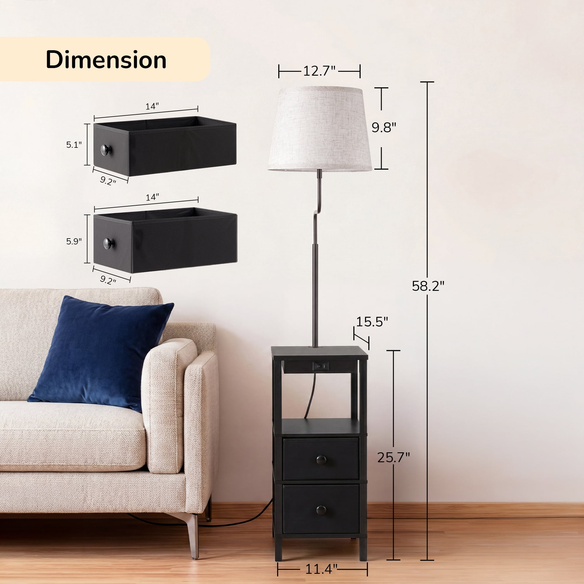EDISHINE 58.2in Floor Lamps with Table for Living Room, USB Charge, Rustic Farmhouse Wooden Floor Lamp for Bedroom, Office, Black