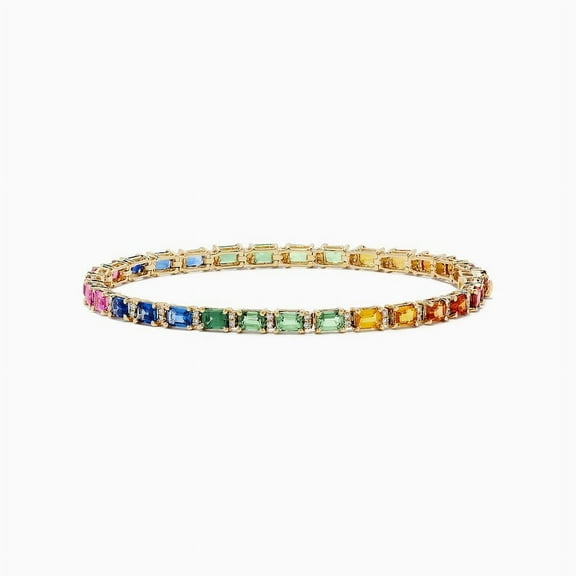 Rainbow Sapphire & CZ Diamond Tennis Bracelet, Emerald Cuts, Multi Color Gemstone,14k Gold plated, Colorful Bracelet Gemstones