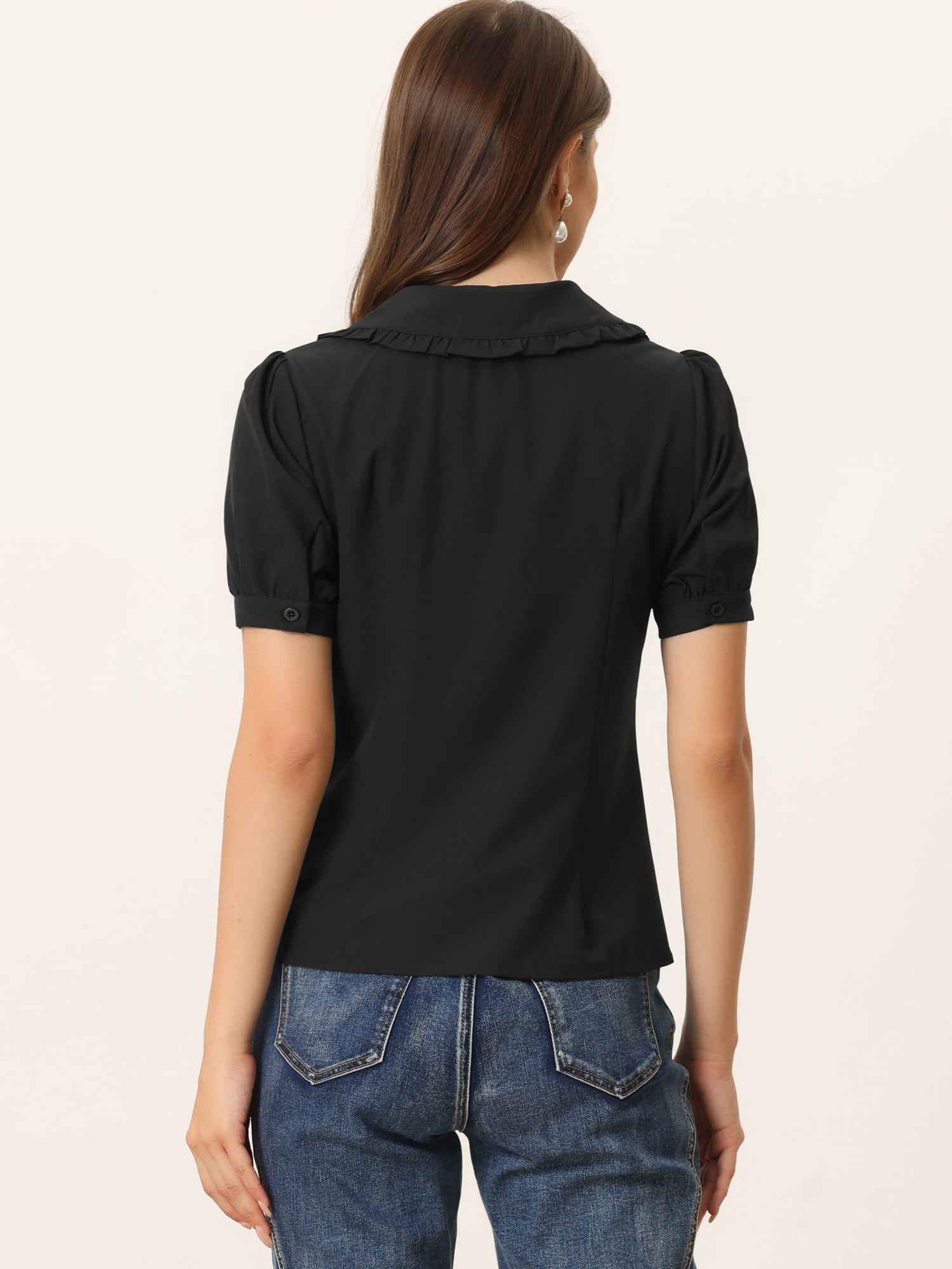 DARING DIVA Women's Peter Pan Collared Puff Short Sleeve Retro Blouse 2XL Black