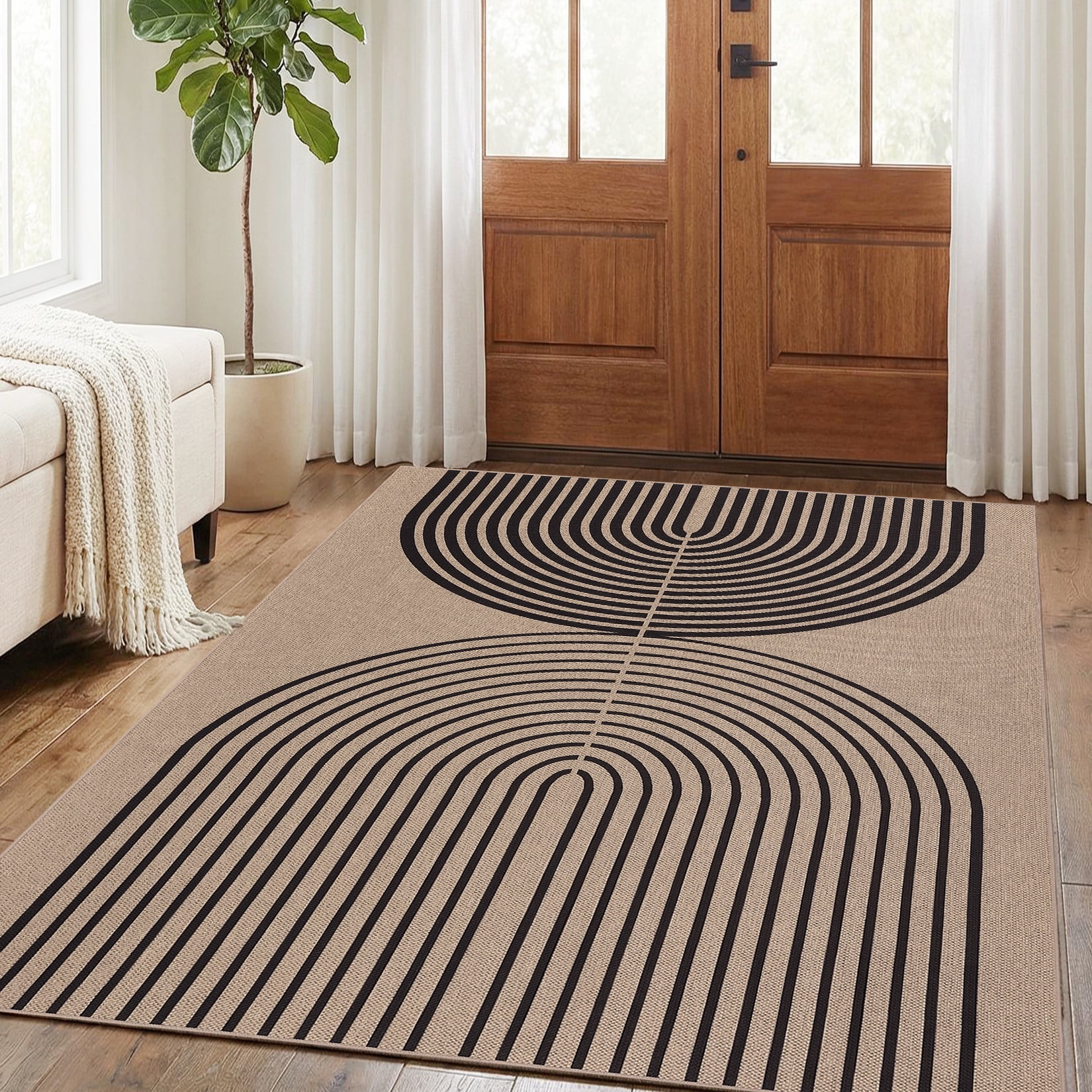 HIWEAVER Black/Camel 5' x 7' Easy Jute Area Rug for Living Room Non Slip Stain Resistant Arch Striped Indoor Carpet Non Shedding Modern Geometric Mat for Dining Room Outdoor Patio Rug