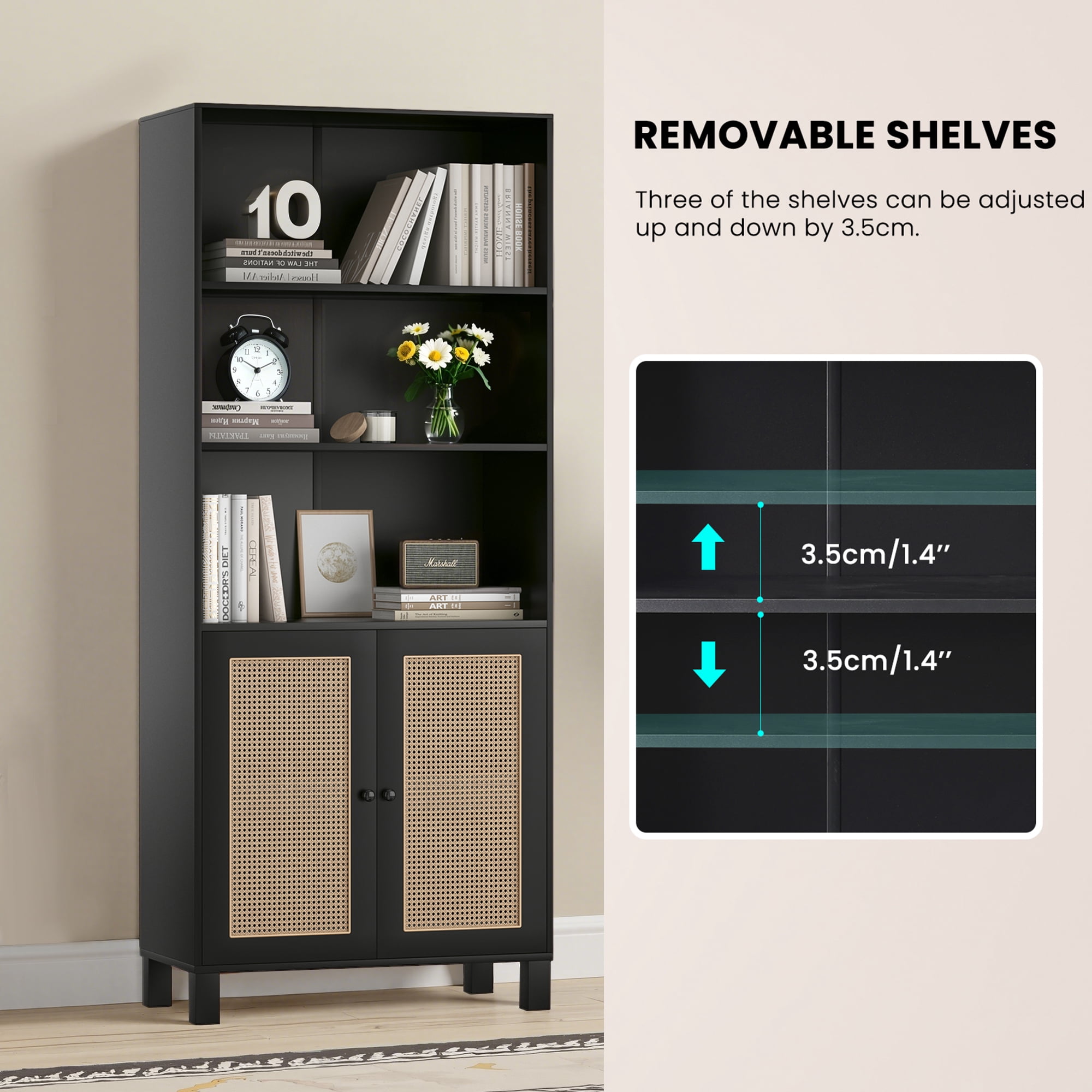 MAYEERTY 5-Shelf Bookcase with Rattan Doors, Tall Display Shelves for Home Office & Bedroom, Black