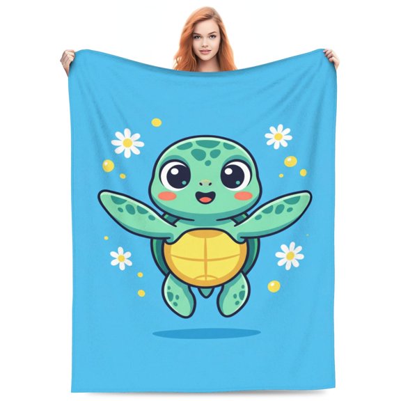 Sea Turtle Throw Blanket Patterned with Colorful Blooms, Cozy All Season Breathable Couch Blanket 50x40