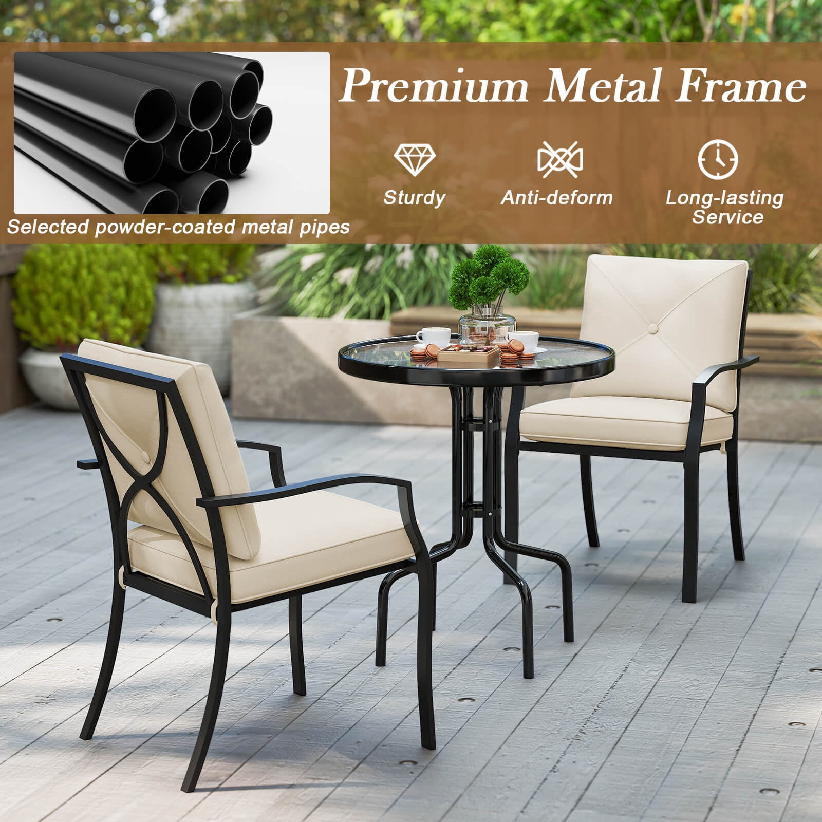 Costway Outdoor Patio Dining Chair Set of 2 Stackable Garden Chairs with Metal Frame