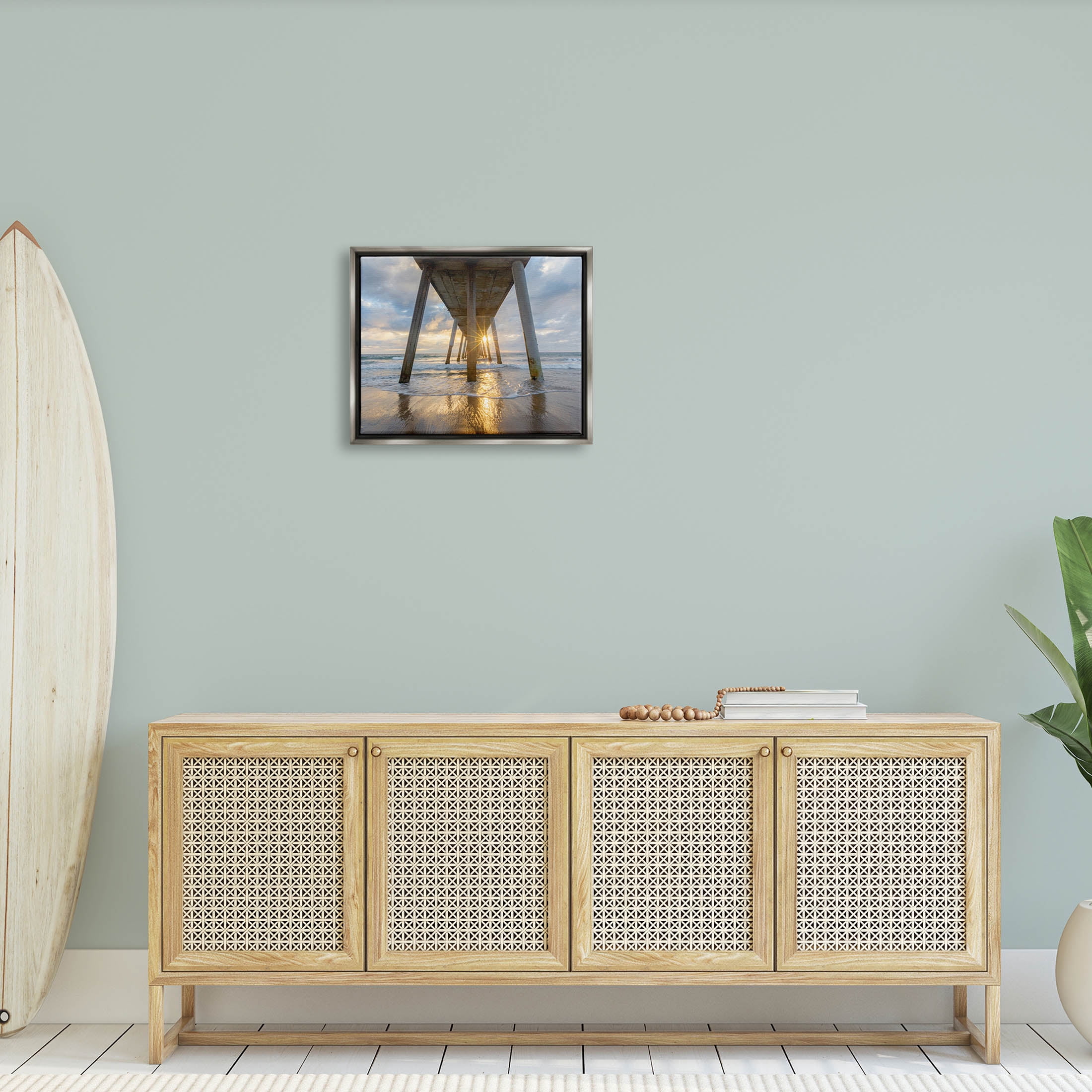 Looming Pier Beach Waves Coastal Photograph Luster Gray Framed Art Print Wall Art