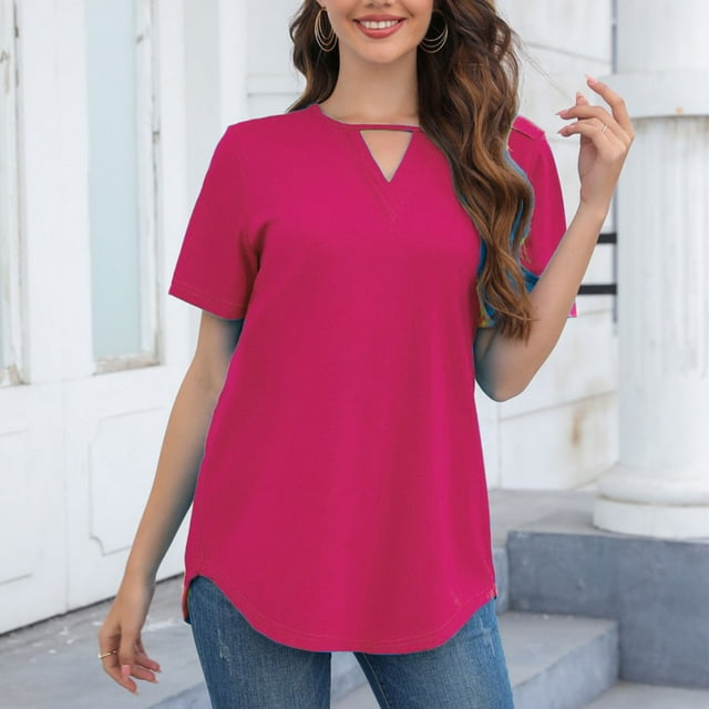 AherBiu T-Shirts pour Femmes à Col Rond, Coupe Ample, T-Shirts Confortables, Mode d'Été, Légers, Couleur Unie, T-Shirts Fluides