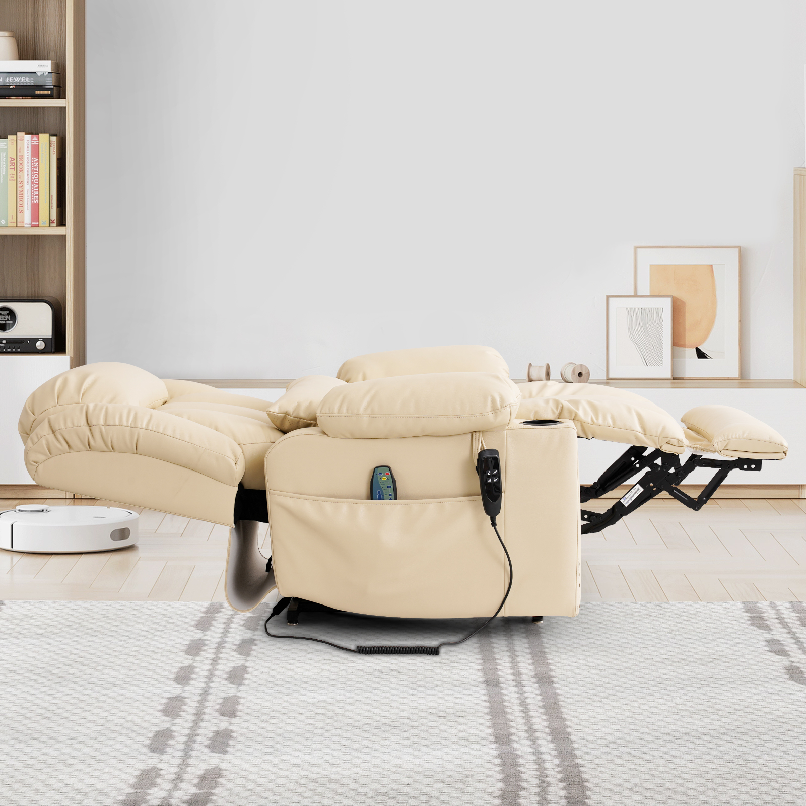 INGALIK Dual Motor Power Lift Recliner Chair, Infinite Position Lay Flat Recliners for Adult & Elderly with Heat & Massage, Cup Holder, Type-C Charge for Living Room, Leather (Beige)