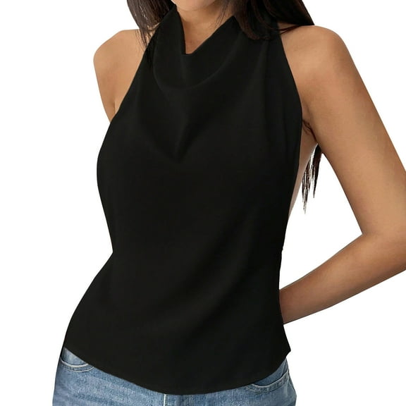 Mittory Women's Open Back Draped Tops Halter Tie Backless Sleeveless Going Out Tops