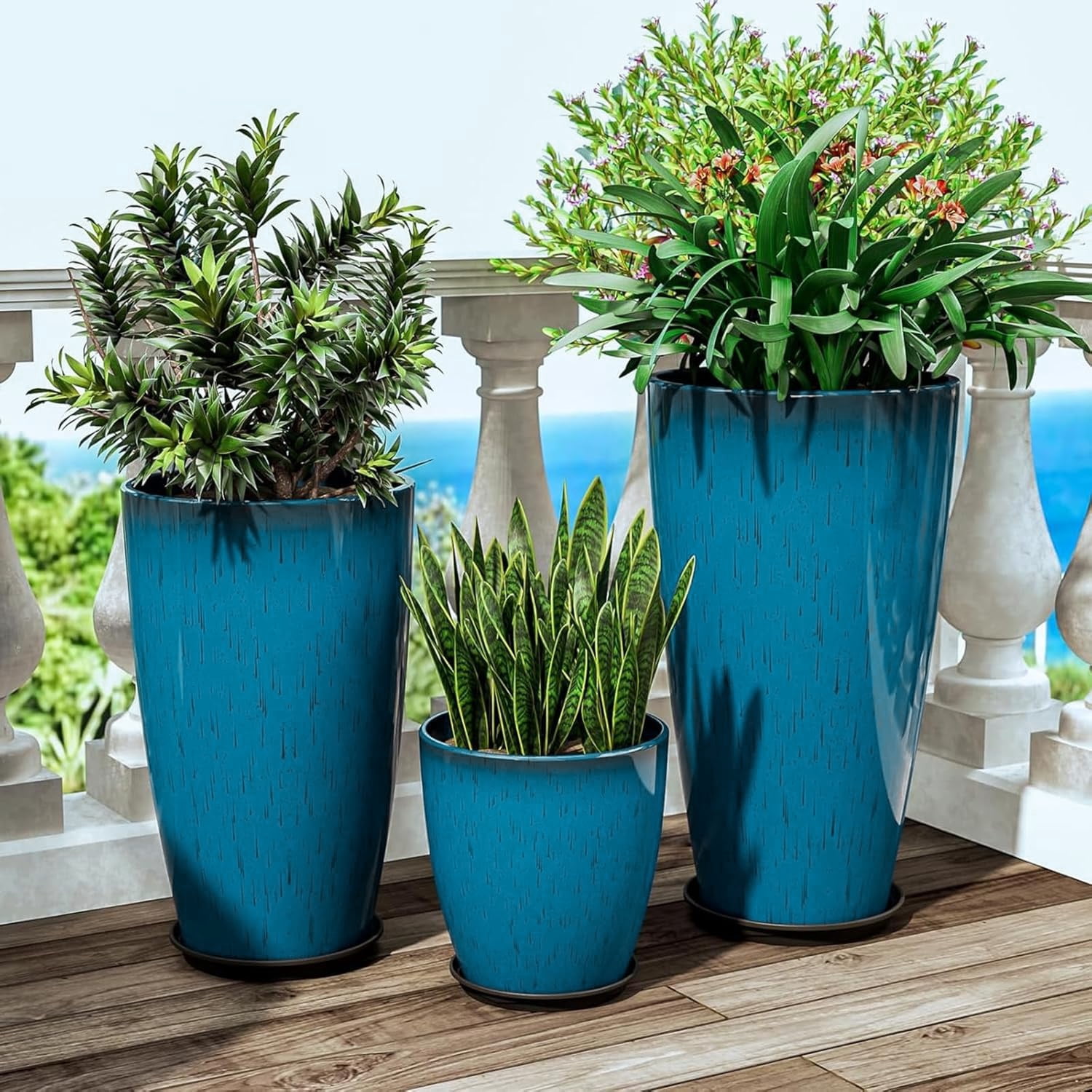 24,21,10 inch Large Planter for Indoor & Outdoor Plants, Set of 3, Sturdy Plant Flower Pots Modern Decor for Front Porch Patio,Blue