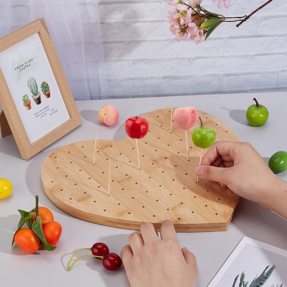 Bamboo Skewer Holder Heart Shape 99 Holes Lollipop Display Stand BurlyWood Color Wooden Appetizer Food Pick Display Holder