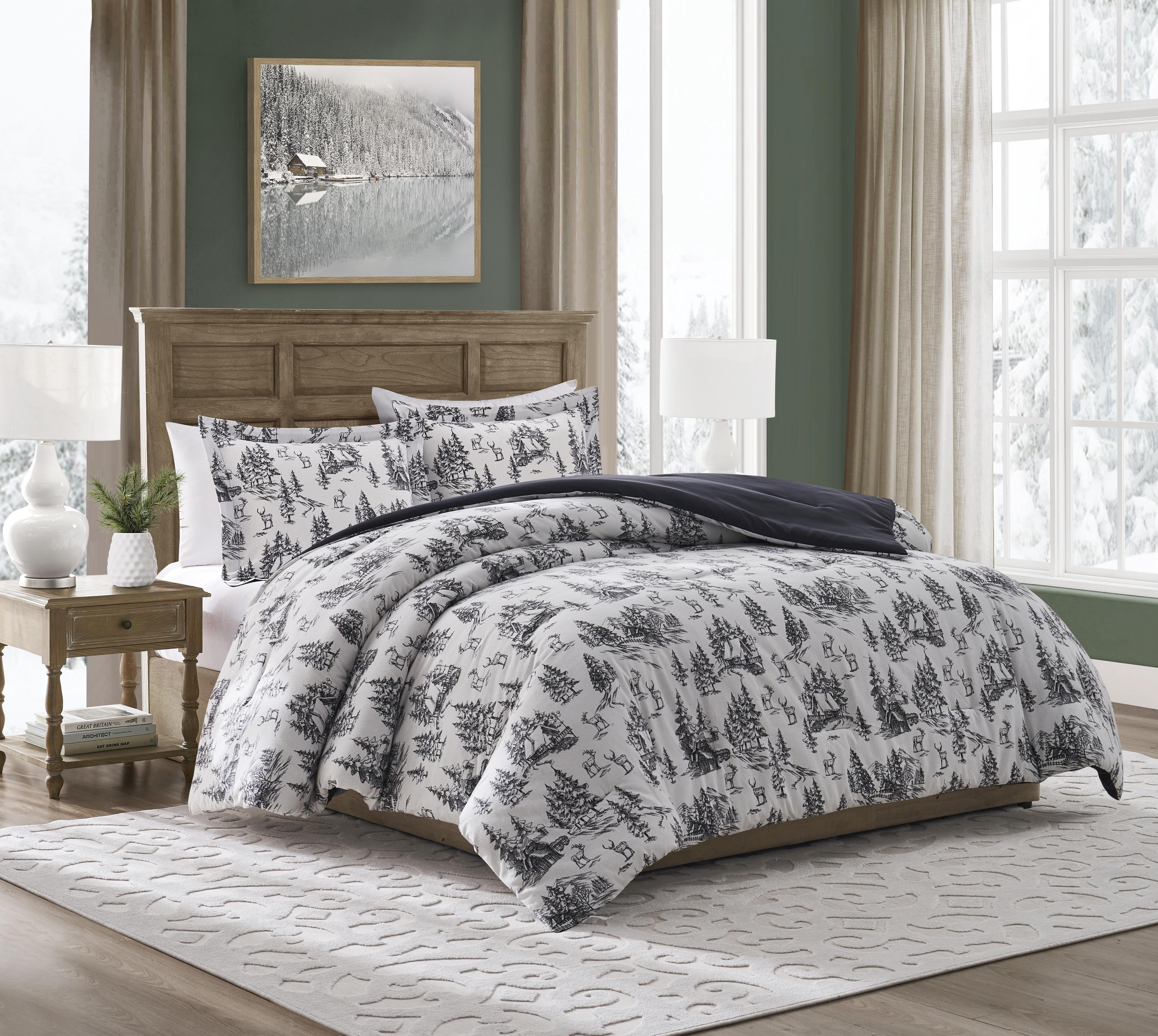My Texas House Norwich Forest 2-Piece Ivory/Black Cotton Flannel Comforter Set, Twin/Twin XL