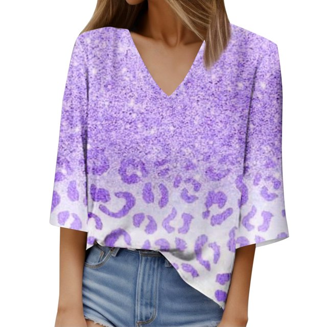 Gibobby Camisetas de verano para mujer Camiseta informal manga corta con cuello en V y manga siete para mujer(Morado,XL)