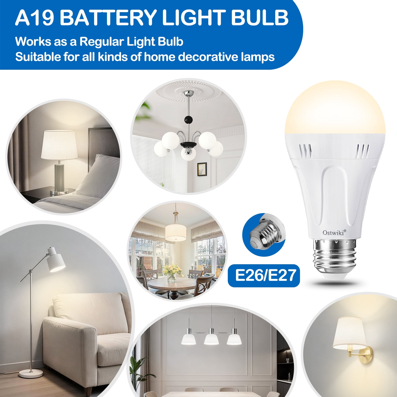 Ostwiki 6 Pack Battery Operated Light Bulb,Emergency Light Bulbs for Power Outage,A19 E26 9W 1200mAh 3000K Warm Rechargeable LED Light Bulbs for Home Lamps，Outdoor Activity,Hurricane,Blizzard,Camping