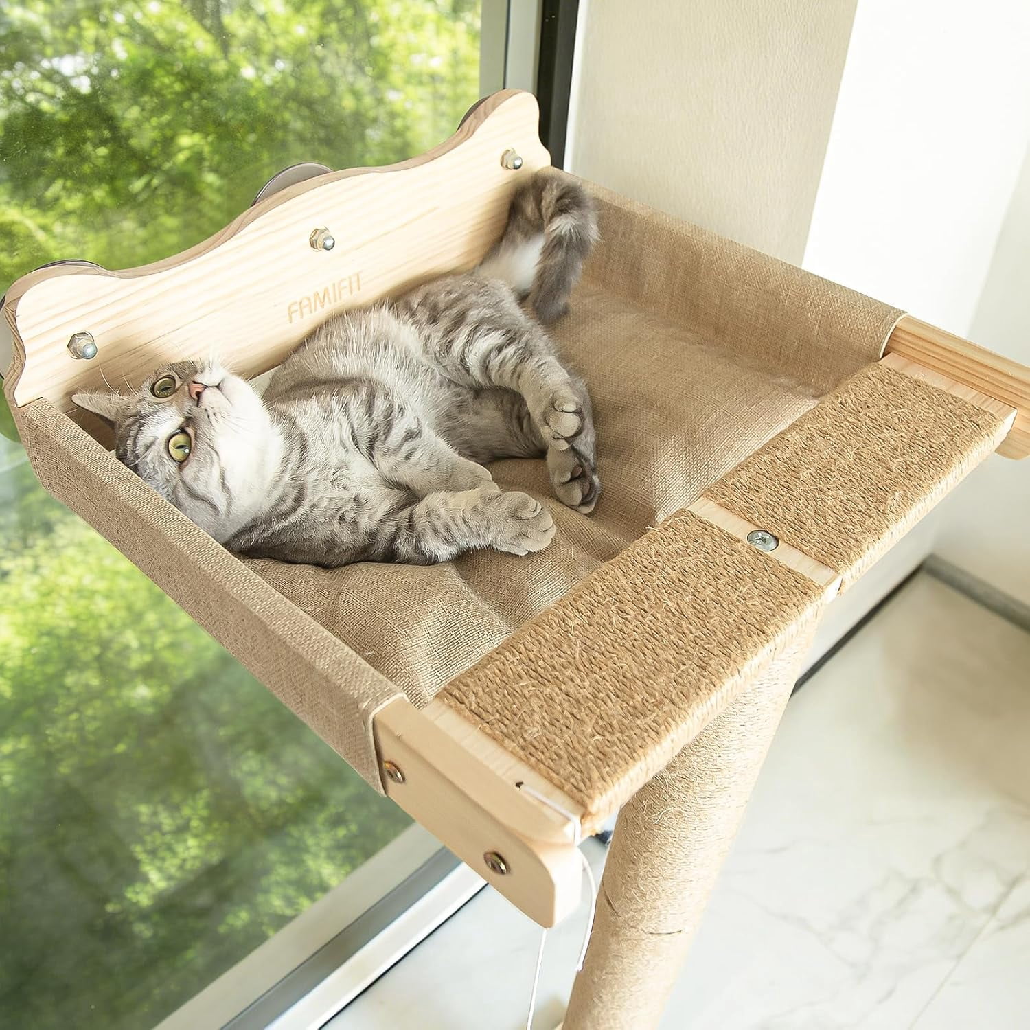 Cat Window Perch Hammock with 3-Piece Detachable Sisal Scratching Posts, Gray Fluffy Cusion, Drill-Free Suction Cup Mount, Multi-Level Climbing Perch for Bird Watching, 45 LBS Capacity
