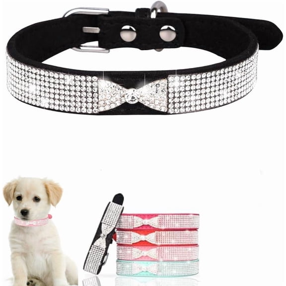 Mumup 1Pack Small Dog Collars for Female Dogs, Cute Bling Rhinestone Crystal with Bow Tie, Sparkly Glitter Jewel Diamond Puppy Collar for XS, Small, Medium Pet Girls