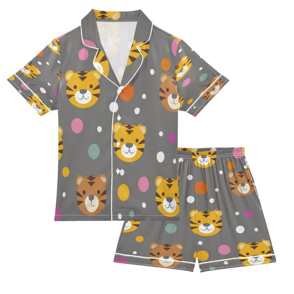 Silky Satin Kids' Pajama Set Breathable & Smooth Unisex Button-Down Pajamas Cute Tiger Face Pattern