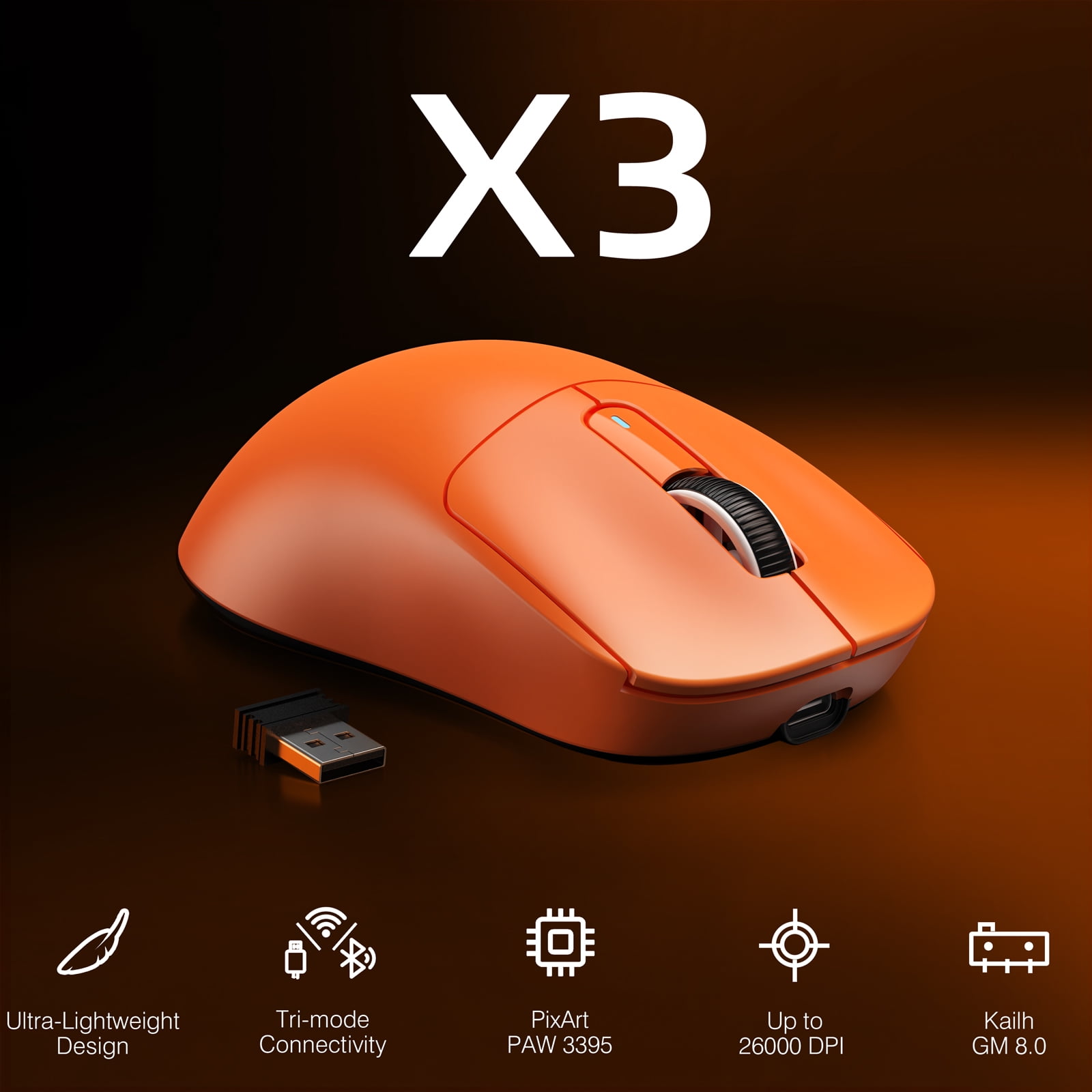 ATTACK SHARK X3 Wireless Gaming Mouse, 49g Ergonomic Design, Tri-Mode Bluetooth/2.4G/USB-C Wired, PAW3395 Optical Sensor, 26000 DPI, Programmable Buttons, for PC/Laptop/Mac, Orange