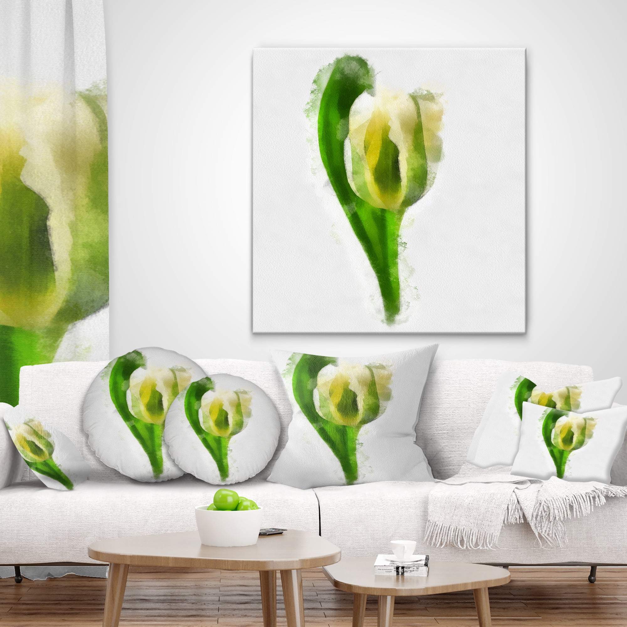 Designart White Tulip with Green Leaves - Floral Throw Pillow - 16x16