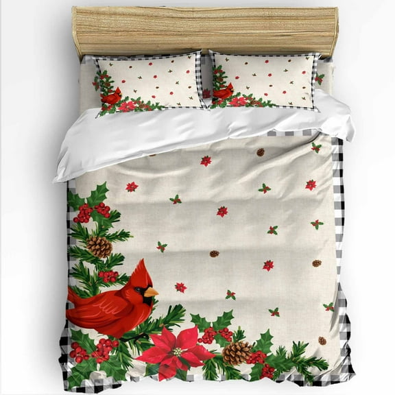 Christmas King Size Comforter Set, Cardinal Pine Leaf Berry Floral Linen Black Plaid Soft Bedding for All Seasons, 4 Pcs Bed Set with 1Comforter (90"x106") ,1 Sheet(94"x116"), 2 Pillowcases (19"x35")