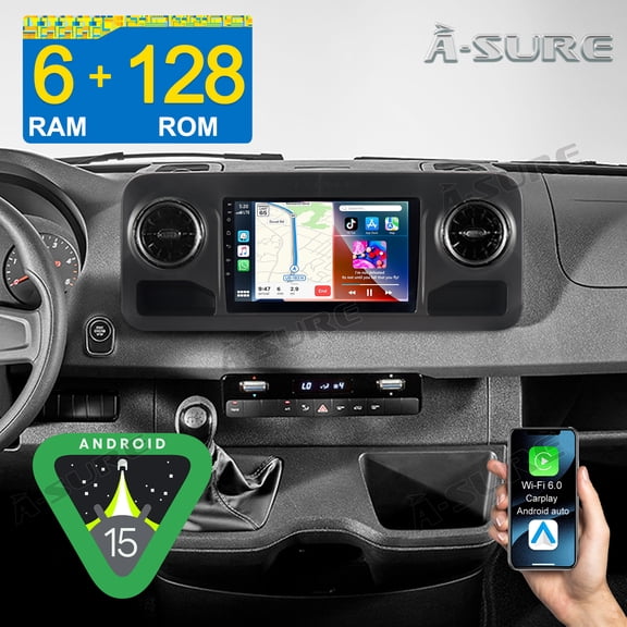 8-Core 6 128GB Car Radio Stereo for Mercedes Benz Sprinter Freightliner W907 VS30 2019-2023 (Low-end) with Apple CarPlay/GPS Navi/4G LTE/Wi-Fi/BT 5.4/Backup Camera