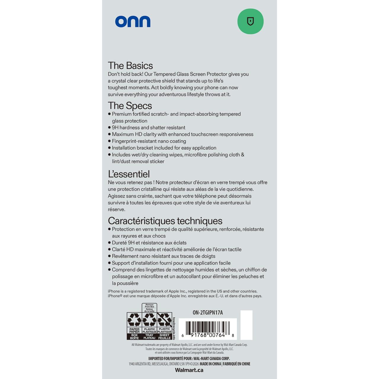 Onn 2-Pack Premium Scratch-and Impact-Absorbing Tempered Glass Screen Protectors for iPhone 17 Air