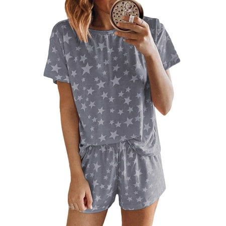 

Haite Ladies Loungwear Crew Neck Sleepwear Tops And Shorts Nightwear Sleep Pajamas Daily Wear Elastic Waist Pjs Gray XL