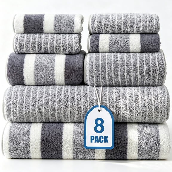Bath Towel Set of 8 Piece,AILKIN Soft Cozy Washing Bathing Towels Plush,Including 4 Washcloths Face Towels,2 Hand Towels for Bathroom,2 Bath Towels Set,White Gray