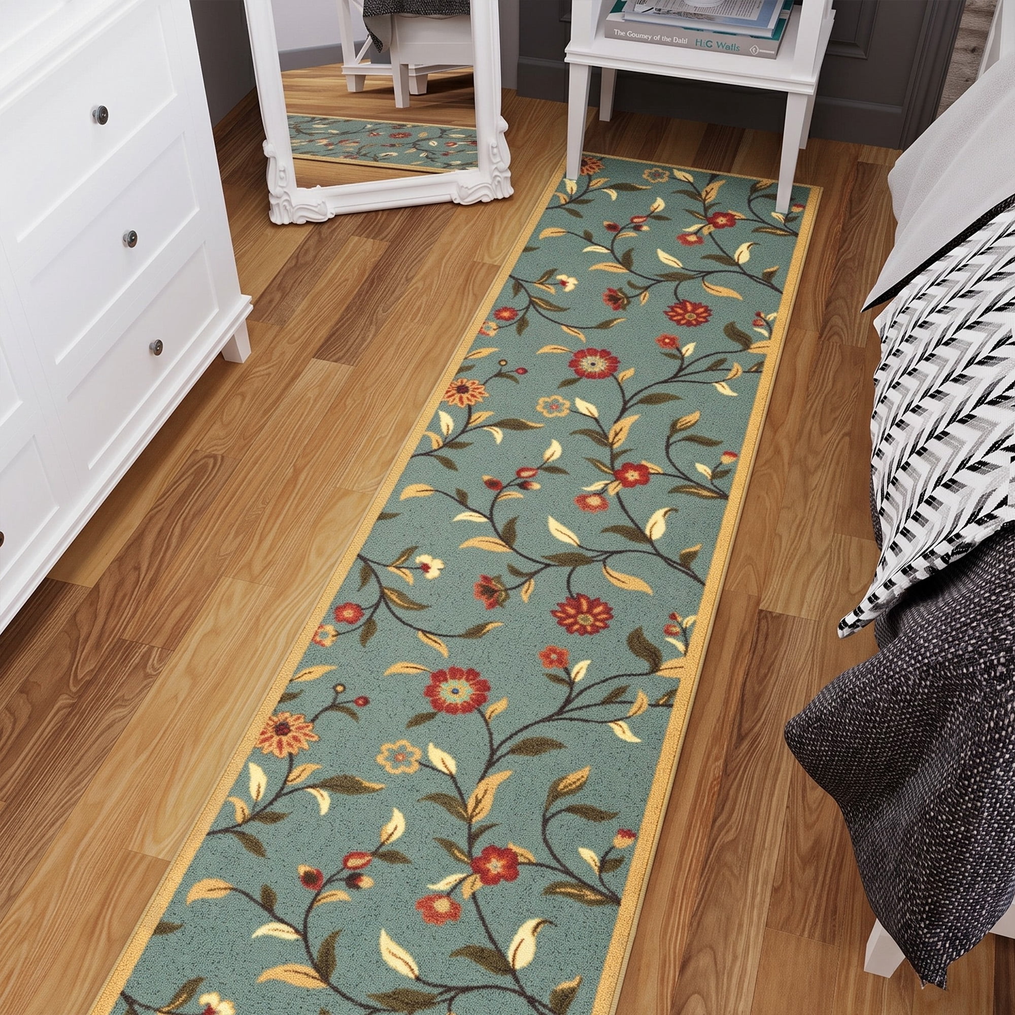 Ottomanson Extra Long Runner Rug 1'10.5" x 47' – Non-Slip Low Pile Hallway Carpet, Floral Seafoam Green