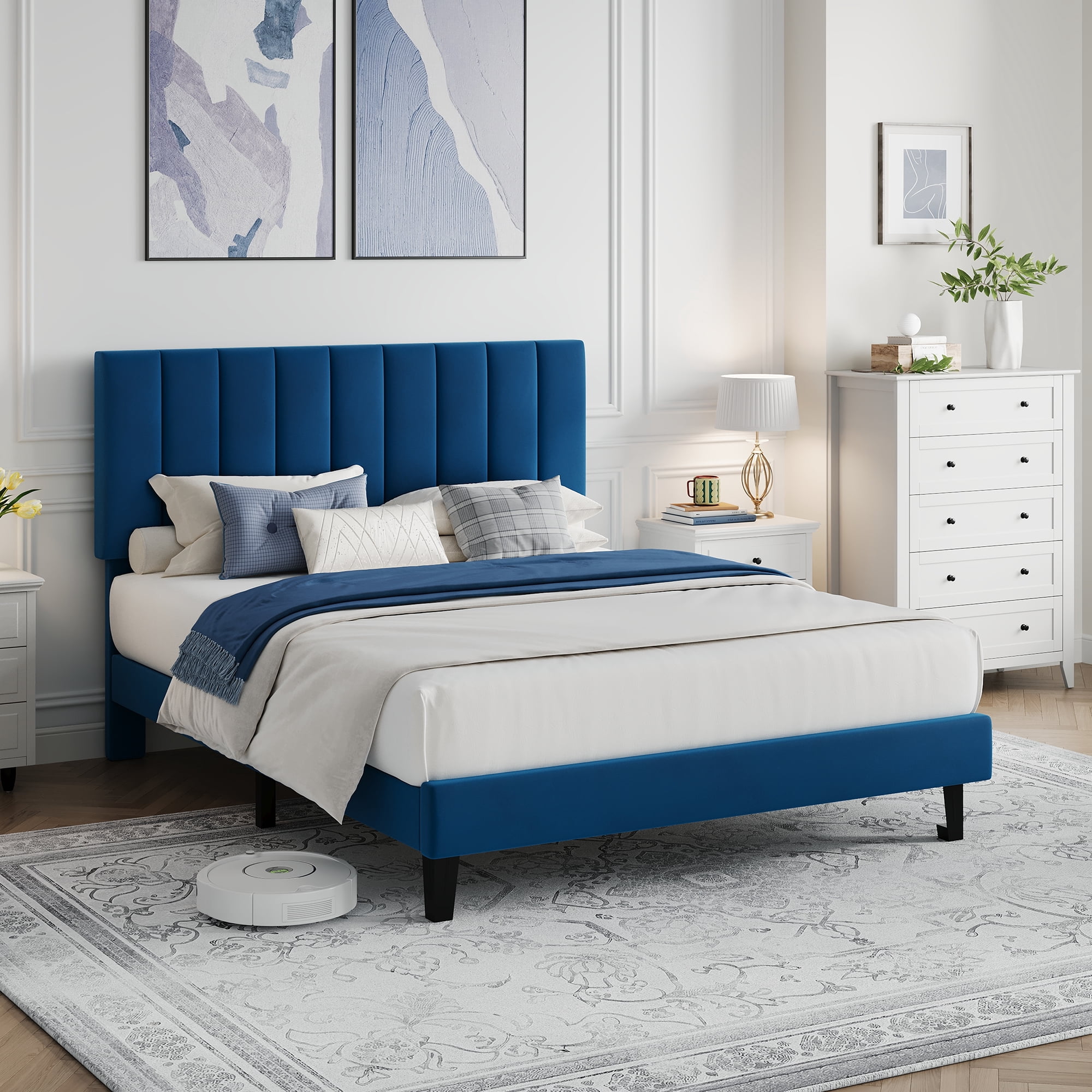 CazToi Full Size Upholstered Bed Frame with Vertical Channel Tufted Headboard Sturdy Wooden Slats Noise Free