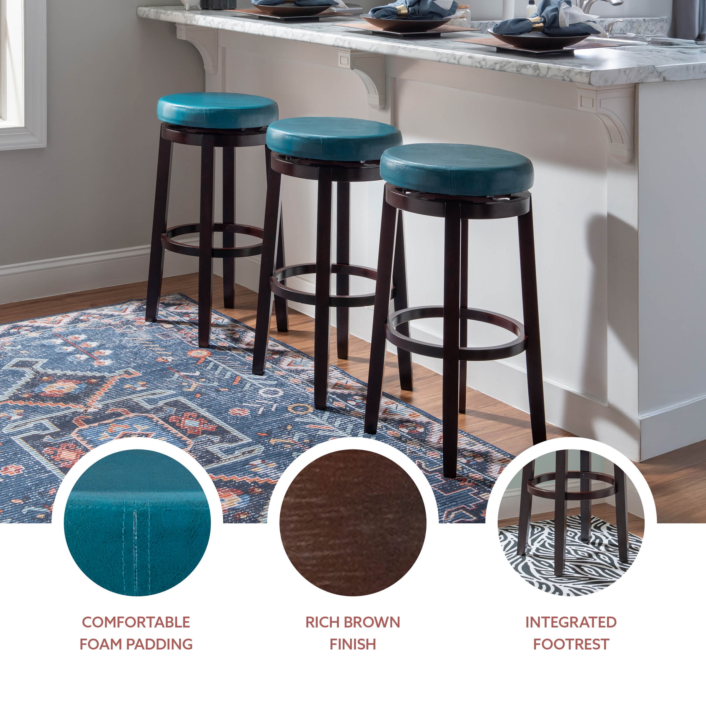 Linon Maya 29" Indoor Backless Wood Swivel Bar Stool, Teal Blue Faux Leather